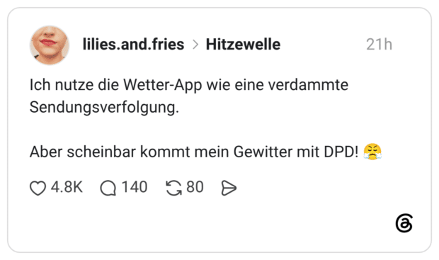 Ich nutze die Wetter-App wie eine verdammte Sendungsverfolgung. Aber scheinbar kommt mein Gewitter mit DPD! 😤