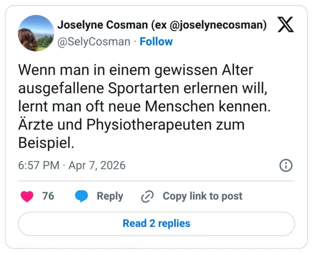 Wenn man in einem gewissen Alter ausgefallene Sportarten erlernen will, lernt man oft neue Menschen kennen. Ärzte und Physiotherapeuten zum Beispiel.