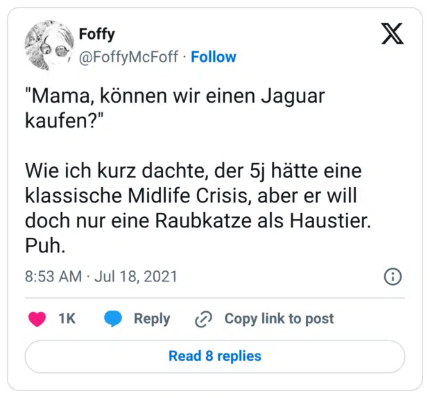 "Mama, können wir einen Jaguar kaufen?" Wie ich kurz dachte, der 5j hätte eine klassische Midlife Crisis, aber er will doch nur eine Raubkatze als Haustier. Puh