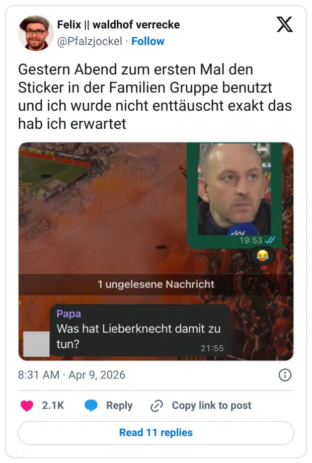 Gestern Abend zum ersten Mal den Sticker in der Familien Gruppe benutzt und ich wurde nicht enttäuscht exakt das hab ich erwartet