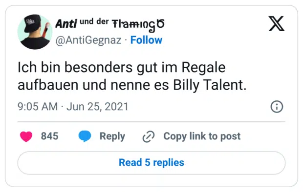 Ich bin besonders gut im Regale aufbauen und nenne es Billy Talent