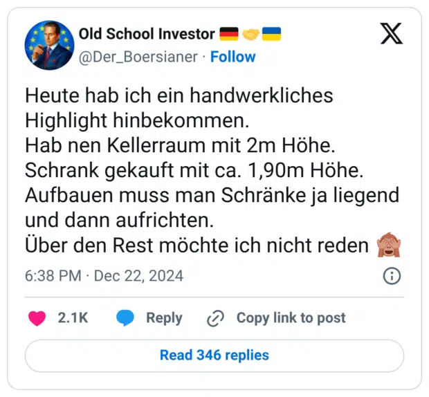 Heute hab ich ein handwerkliches Highlight hinbekommen. Hab nen Kellerraum mit 2m Höhe. Schrank gekauft mit ca. 1,90m Höhe. Aufbauen muss man Schränke ja liegend und dann aufrichten. Über den Rest möchte ich nicht reden