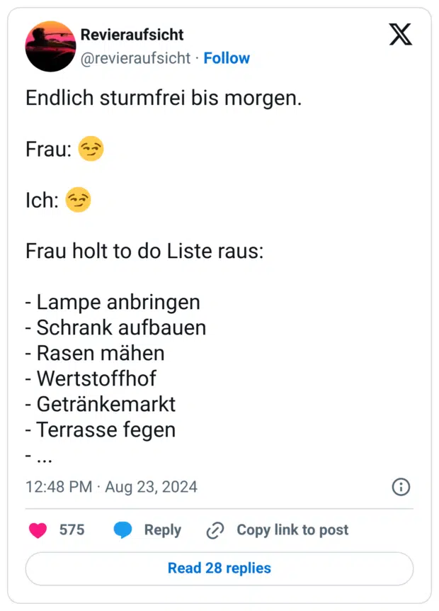 Endlich sturmfrei bis morgen. Frau: Ich: Frau holt to do Liste raus: - Lampe anbringen - Schrank aufbauen - Rasen mähen - Wertstoffhof - Getränkemarkt - Terrasse fegen - . .