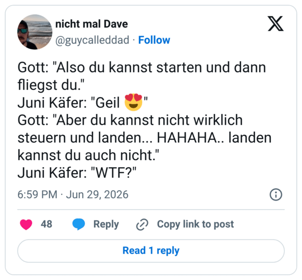 Gott: "Also du kannst starten und dann fliegst du." Juni Käfer: "Geil 😍" Gott: "Aber du kannst nicht wirklich steuern und landen... HAHAHA.. landen kannst du auch nicht." Juni Käfer: "WTF?"