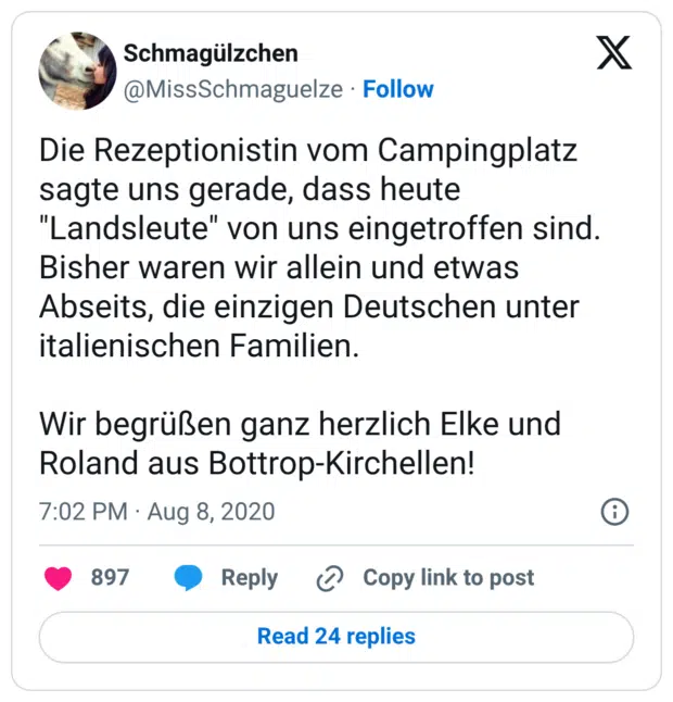Die Rezeptionistin vom Campingplatz sagte uns gerade, dass heute "Landsleute" von uns eingetroffen sind. Bisher waren wir allein und etwas Abseits, die einzigen Deutschen unter italienischen Familien. Wir begrüßen ganz herzlich Elke und Roland aus Bottrop-Kirchellen!