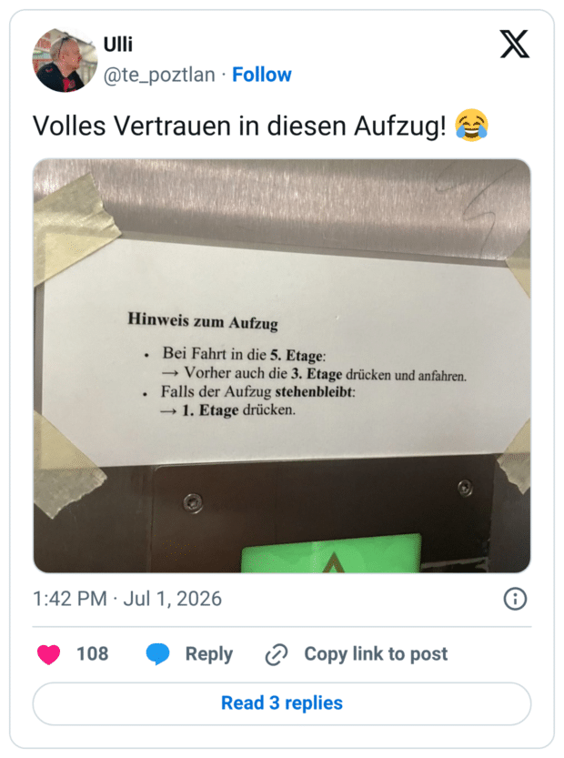 inweis zum Aufzug • Bei Fahrt in die 5. Etage: → Vorher auch die 3. Etage drücken und anfahren. • Falls der Aufzug stehenbleibt: → 1. Etage drücken