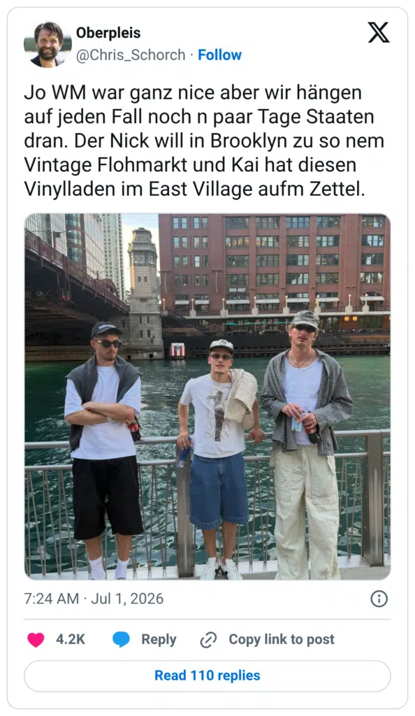 Jo WM war ganz nice aber wir hängen auf jeden Fall noch n paar Tage Staaten dran. Der Nick will in Brooklyn zu so nem Vintage Flohmarkt und Kai hat diesen Vinylladen im East Village aufm Zettel.