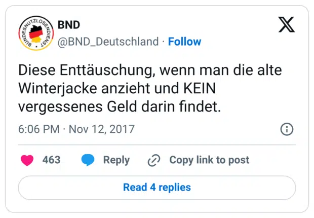 Diese Enttäuschung, wenn man die alte Winterjacke anzieht und KEIN vergessenes Geld darin findet.