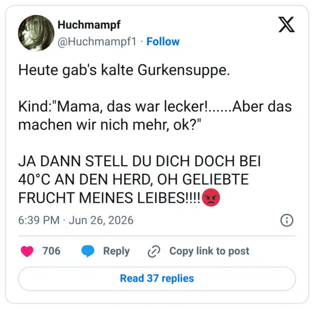 Heute gab's kalte Gurkensuppe. Kind:"Mama, das war lecker!......Aber das machen wir nich mehr, ok?" JA DANN STELL DU DICH DOCH BEI 40°C AN DEN HERD, OH GELIEBTE FRUCHT MEINES LEIBES!!!!