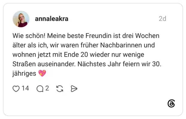 Wie schön! Meine beste Freundin ist drei Wochen älter als ich, wir waren früher Nachbarinnen und wohnen jetzt mit Ende 20 wieder nur wenige Straßen auseinander. Nächstes Jahr feiern wir 30. jähriges❤❤❤❤❤