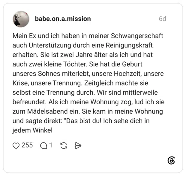Mein Ex und ich haben in meiner Schwangerschaft auch Unterstützung durch eine Reinigungskraft erhalten. Sie ist zwei Jahre älter als ich und hat auch zwei kleine Töchter. Sie hat die Geburt unseres Sohnes miterlebt, unsere Hochzeit, unsere Krise, unsere Trennung. Zeitgleich machte sie selbst eine Trennung durch. Wir sind mittlerweile befreundet. Als ich meine Wohnung zog, lud ich sie zum Mädelsabend ein. Sie kam in meine Wohnung und sagte direkt: "Das bist du! Ich sehe dich in jedem Winkel