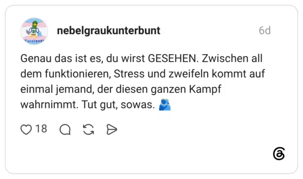 Genau das ist es, du wirst GESEHEN. Zwischen all dem funktionieren, Stress und zweifeln kommt auf einmal jemand, der diesen ganzen Kampf wahrnimmt. Tut gut, sowas.