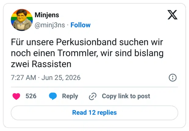 Für unsere Perkusionband suchen wir noch einen Trommler, wir sind bislang zwei Rassisten