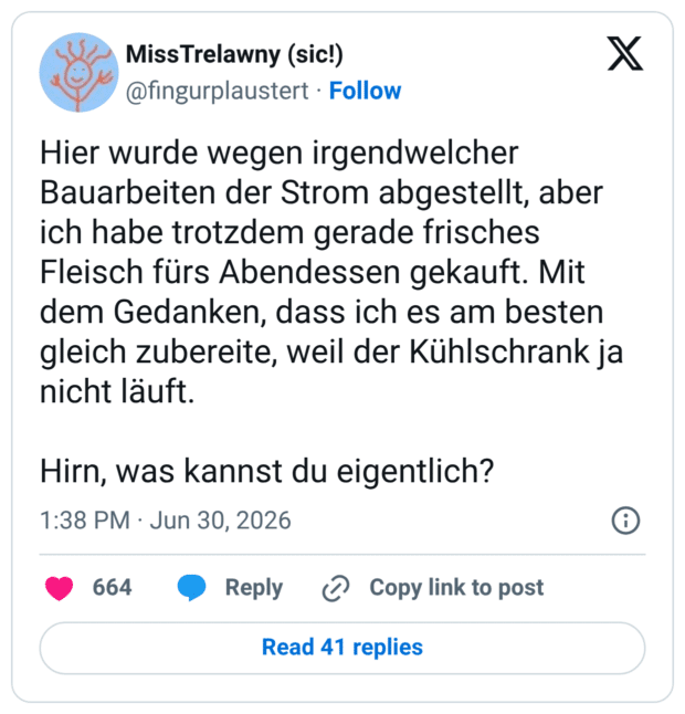 Hier wurde wegen irgendwelcher Bauarbeiten der Strom abgestellt, aber ich habe trotzdem gerade frisches Fleisch fürs Abendessen gekauft. Mit dem Gedanken, dass ich es am besten gleich zubereite, weil der Kühlschrank ja nicht läuft. Hirn, was kannst du eigentlich?