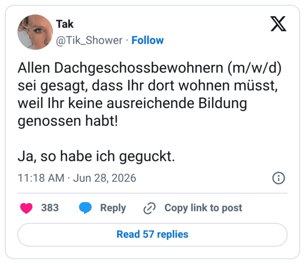 Allen Dachgeschossbewohnern (m/w/d) sei gesagt, dass Ihr dort wohnen müsst, weil Ihr keine ausreichende Bildung genossen habt! Ja, so habe ich geguckt