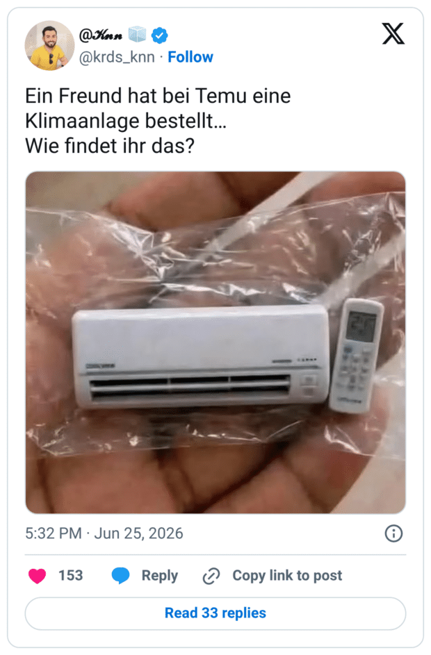 in Freund hat bei Temu eine Klimaanlage bestellt... Wie findet ihr das?