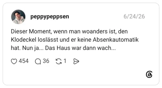 Dieser Moment, wenn man woanders ist, den Klodeckel loslässt und er keine Absenkautomatik hat. Nun ja... Das Haus war dann wach
