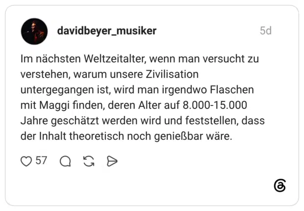 Im nächsten Weltzeitalter, wenn man versucht zu verstehen, warum unsere Zivilisation untergegangen ist, wird man irgendwo Flaschen mit Maggi finden, deren Alter auf 8.000-15.000 Jahre geschätzt werden wird und feststellen, dass der Inhalt theoretisch noch genießbar wäre.