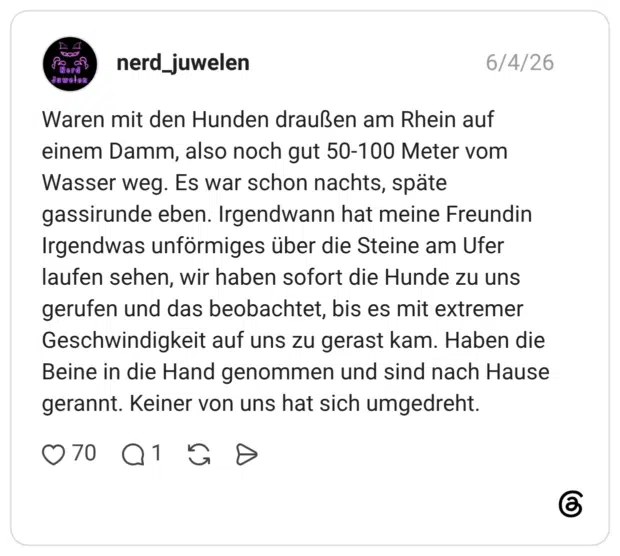 Nerd Juweten Waren mit den Hunden draußen am Rhein auf einem Damm, also noch gut 50-100 Meter vom Wasser weg. Es war schon nachts, späte gassirunde eben. Irgendwann hat meine Freundin Irgendwas unförmiges über die Steine am Ufer laufen sehen, wir haben sofort die Hunde zu uns gerufen und das beobachtet, bis es mit extremer Geschwindigkeit auf uns zu gerast kam. Haben die Beine in die Hand genommen und sind nach Hause gerannt. Keiner von uns hat sich umgedreht.