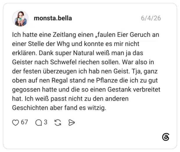 Ich hatte eine Zeitlang einen „faulen Eier Geruch an einer Stelle der Whg und konnte es mir nicht erklären. Dank super Natural weiß man ja das Geister nach Schwefel riechen sollen. War also in der festen überzeugen ich hab nen Geist. Tja, ganz oben auf nen Regal stand ne Pflanze die ich zu gut gegossen hatte und die so einen Gestank verbreitet hat. Ich weiß passt nicht zu den anderen Geschichten aber fand es witzig.