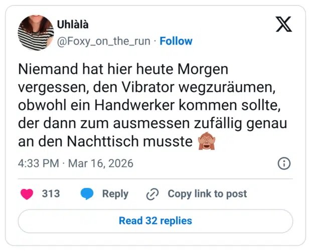 Niemand hat hier heute Morgen vergessen, den Vibrator wegzuräumen, obwohl ein Handwerker kommen sollte, der dann zum ausmessen zufällig genau an den Nachttisch musste