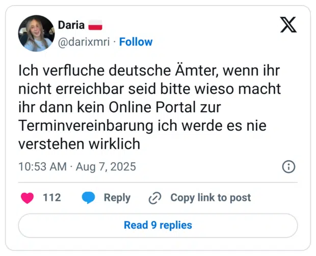 Ich verfluche deutsche Ämter, wenn ihr nicht erreichbar seid bitte wieso macht ihr dann kein Online Portal zur Terminvereinbarung ich werde es nie verstehen wirklich