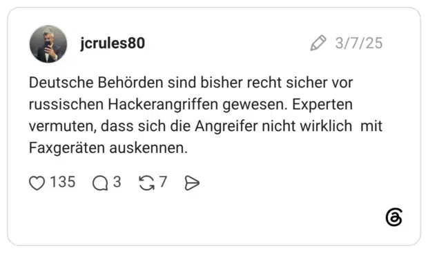 Deutsche Behörden sind bisher recht sicher vor russischen Hackerangriffen gewesen. Experten vermuten, dass sich die Angreifer nicht wirklich mit Faxgeräten auskennen.