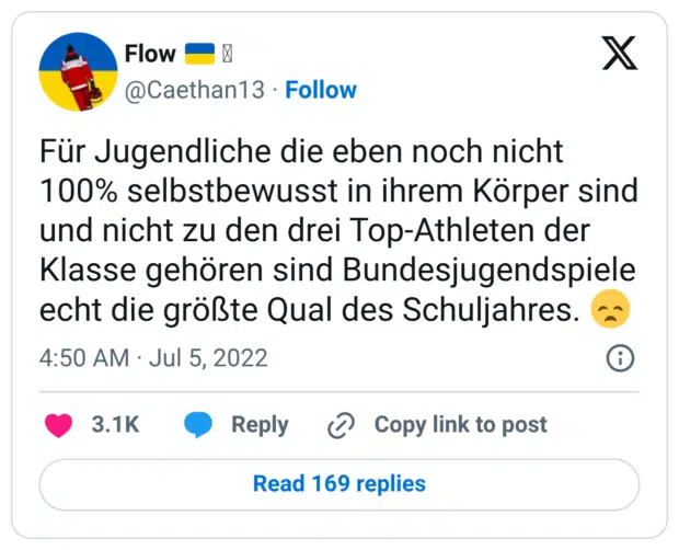 Für Jugendliche die eben noch nicht 100% selbstbewusst in ihrem Körper sind und nicht zu den drei Top-Athleten der Klasse gehören sind Bundesjugendspiele echt die größte Qual des Schuljahres. 😞