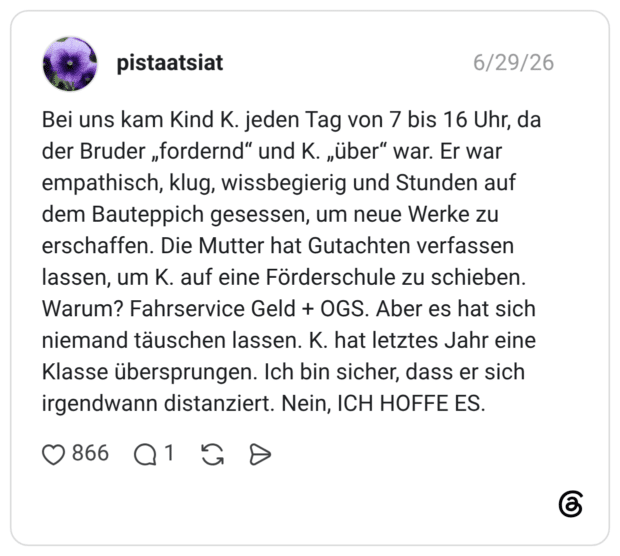 Bei uns kam Kind K. jeden Tag von 7 bis 16 Uhr, da der Bruder „fordernd" und K. "über" war. Er war empathisch, klug, wissbegierig und Stunden auf dem Bauteppich gesessen, um neue Werke zu erschaffen. Die Mutter hat Gutachten verfassen lassen, um K. auf eine Förderschule zu schieben. Warum? Fahrservice Geld + OGS. Aber es hat sich niemand täuschen lassen. K. hat letztes Jahr eine Klasse übersprungen. Ich bin sicher, dass er sich irgendwann distanziert. Nein, ICH HOFFE ES.