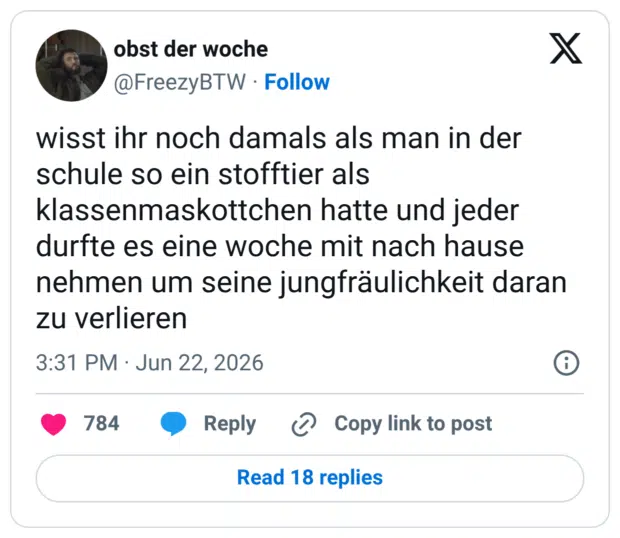 wisst ihr noch damals als man in der schule so ein stofftier als klassenmaskottchen hatte und jeder durfte es eine woche mit nach hause nehmen um seine jungfräulichkeit daran zu verlieren