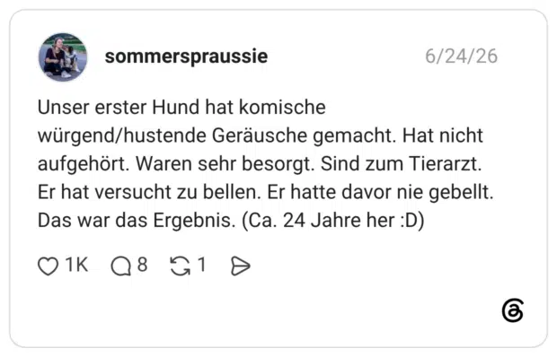 Unser erster Hund hat komische würgend/hustende Geräusche gemacht. Hat nicht aufgehört. Waren sehr besorgt. Sind zum Tierarzt. Er hat versucht zu bellen. Er hatte davor nie gebellt. Das war das Ergebnis. (Ca. 24 Jahre her :D)