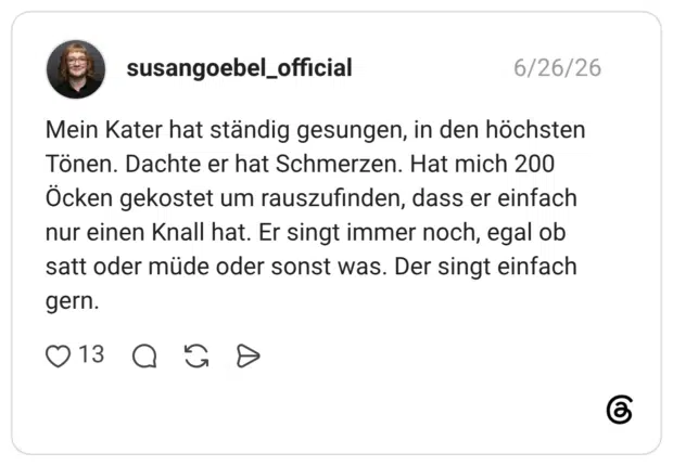 Mein Kater hat ständig gesungen, in den höchsten Tönen. Dachte er hat Schmerzen. Hat mich 200 Öcken gekostet um rauszufinden, dass er einfach nur einen Knall hat. Er singt immer noch, egal ob satt oder müde oder sonst was. Der singt einfach gern.
