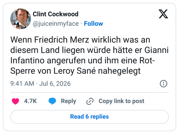Wenn Friedrich Merz wirklich was an diesem Land liegen würde hätte er Gianni Infantino angerufen und ihm eine Rot- Sperre von Leroy Sané nahegelegt