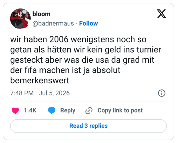 wir haben 2006 wenigstens noch so getan als hätten wir kein geld ins turnier gesteckt aber was die usa da grad mit der fifa machen ist ja absolut bemerkenswert