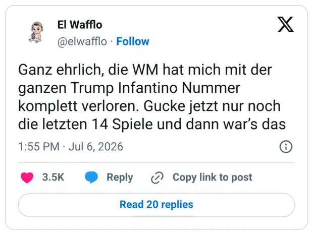 Ganz ehrlich, die WM hat mich mit der ganzen Trump Infantino Nummer komplett verloren. Gucke jetzt nur noch die letzten 14 Spiele und dann war's das