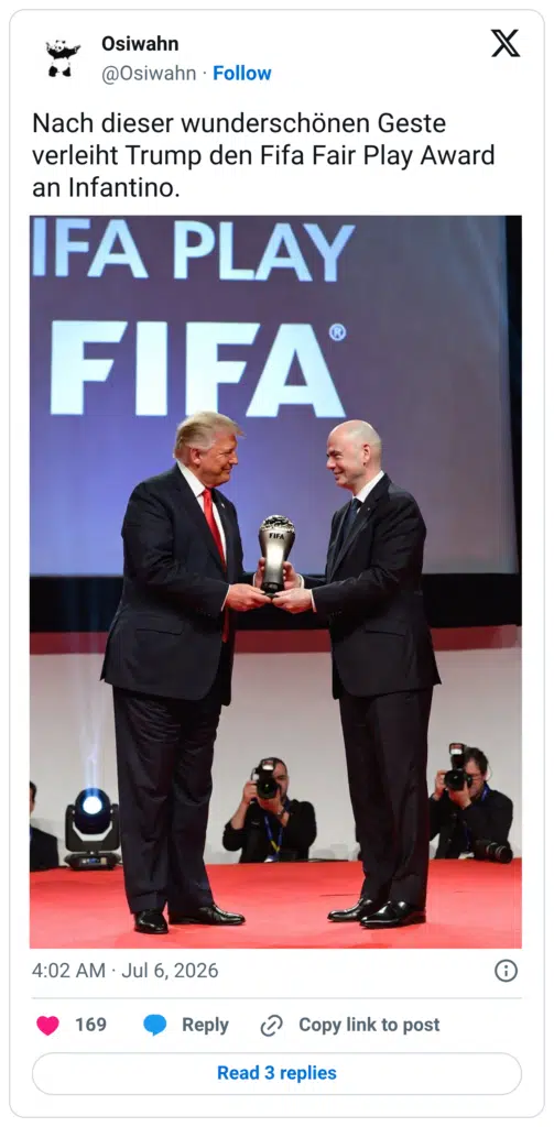 Nach dieser wunderschönen Geste verleiht Trump den Fifa Fair Play Award an Infantino.