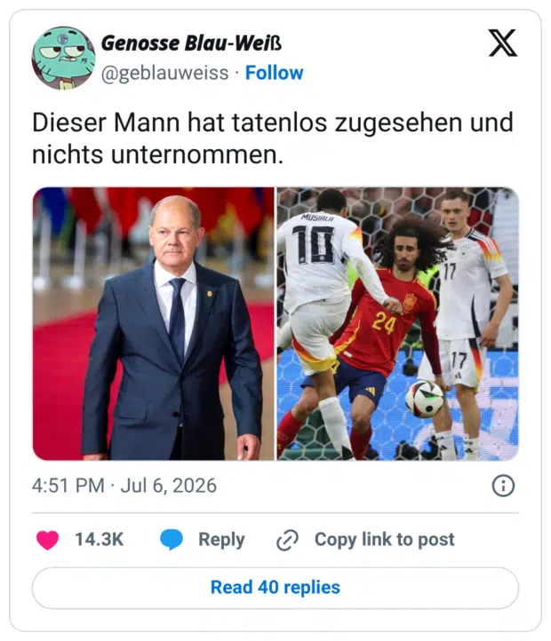 Dieser Mann hat tatenlos zugesehen und nichts unternommen.