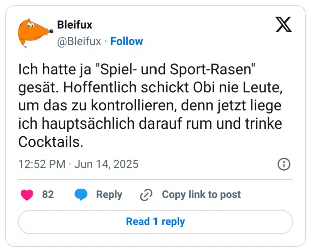 Ich hatte ja "Spiel- und Sport-Rasen" gesät. Hoffentlich schickt Obi nie Leute, um das zu kontrollieren, denn jetzt liege ich hauptsächlich darauf rum und trinke Cocktails.