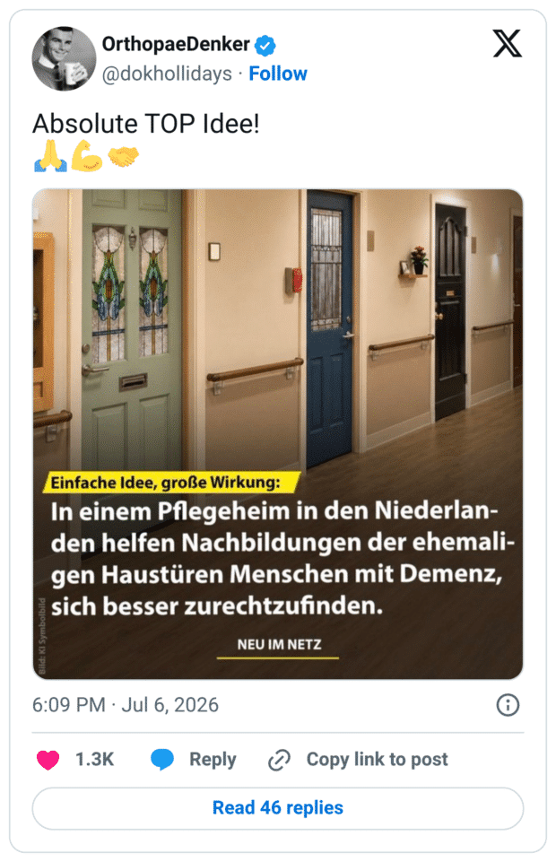Einfache Idee, große Wirkung: In einem Pflegeheim in den Niederlan- den helfen Nachbildungen der ehemali- gen Haustüren Menschen mit Demenz, Bild: KI Symbolbild sich besser zurechtzufinden