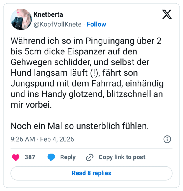 Während ich so im Pinguingang über 2 bis 5cm dicke Eispanzer auf den Gehwegen schlidder, und selbst der Hund langsam läuft (!), fährt son Jungspund mit dem Fahrrad, einhändig und ins Handy glotzend, blitzschnell an mir vorbei. Noch ein Mal so unsterblich fühlen.