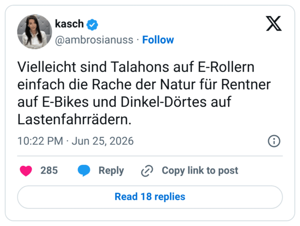 Vielleicht sind Talahons auf E-Rollern einfach die Rache der Natur für Rentner auf E-Bikes und Dinkel-Dörtes auf Lastenfahrrädern.