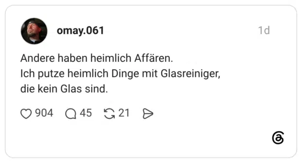 Andere haben heimlich Affären. Ich putze heimlich Dinge mit Glasreiniger, die kein Glas sind.