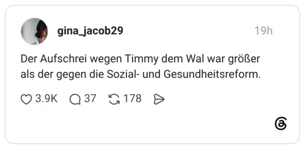 Der Aufschrei wegen Timmy dem Wal war größer als der gegen die Sozial- und Gesundheitsreform