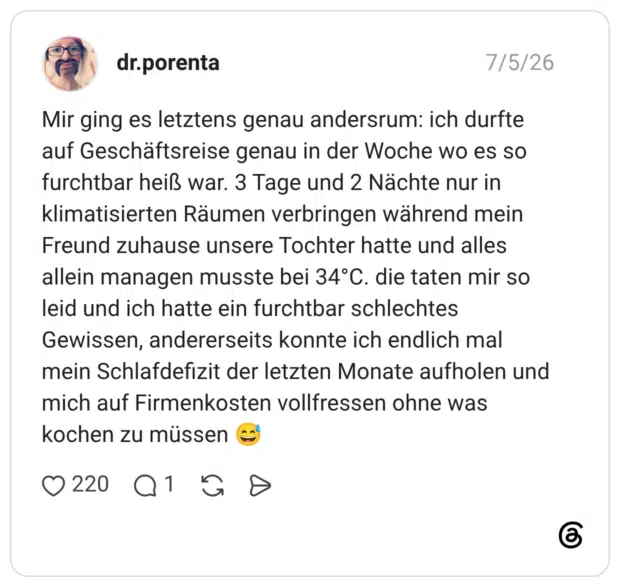 Mir ging es letztens genau andersrum: ich durfte auf Geschäftsreise genau in der Woche wo es so furchtbar heiß war. 3 Tage und 2 Nächte nur in klimatisierten Räumen verbringen während mein Freund zuhause unsere Tochter hatte und alles allein managen musste bei 34°C. die taten mir so leid und ich hatte ein furchtbar schlechtes Gewissen, andererseits konnte ich endlich mal mein Schlafdefizit der letzten Monate aufholen und mich auf Firmenkosten vollfressen ohne was kochen zu müssen 😅