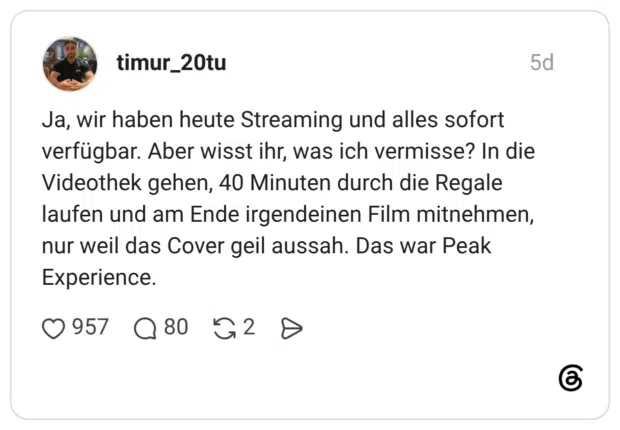 Ja, wir haben heute Streaming und alles sofort verfügbar. Aber wisst ihr, was ich vermisse? In die Videothek gehen, 40 Minuten durch die Regale laufen und am Ende irgendeinen Film mitnehmen, nur weil das Cover geil aussah. Das war Peak Experience.