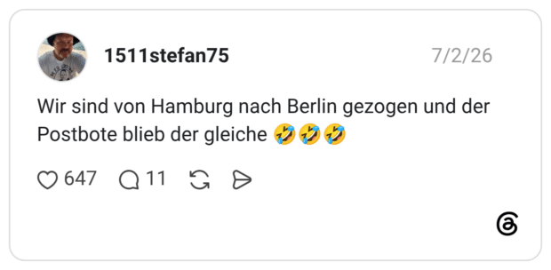 Wir sind von Hamburg nach Berlin gezogen und der Postbote blieb der gleiche 🤣🤣🤣