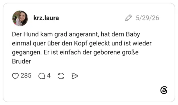 Der Hund kam grad angerannt, hat dem Baby einmal quer über den Kopf geleckt und ist wieder gegangen. Er ist einfach der geborene große Bruder