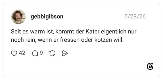 Seit es warm ist, kommt der Kater eigentlich nur noch rein, wenn er fressen oder kotzen will.
