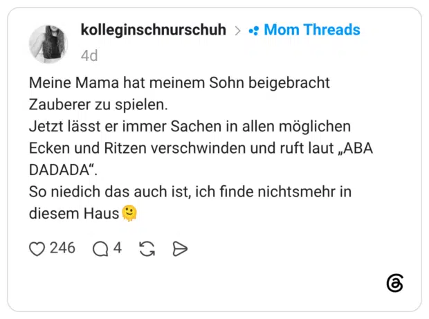 Meine Mama hat meinem Sohn beigebracht Zauberer zu spielen. Jetzt lässt er immer Sachen in allen möglichen Ecken und Ritzen verschwinden und ruft laut „ABA DADADA". So niedich das auch ist, ich finde nichtsmehr in diesem Haus