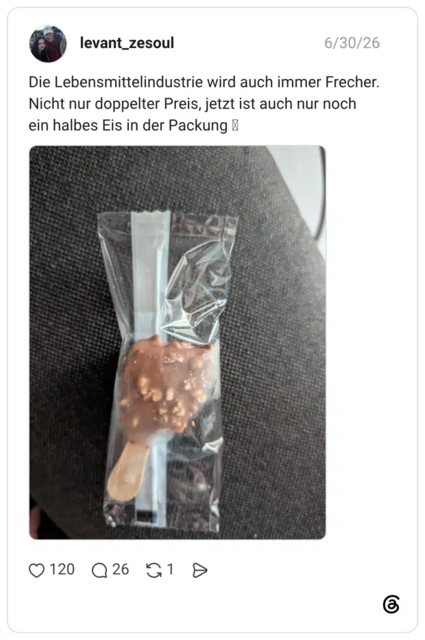 Die Lebensmittelindustrie wird auch immer Frecher. Nicht nur doppelter Preis, jetzt ist auch nur noch ein halbes Eis in der Packung